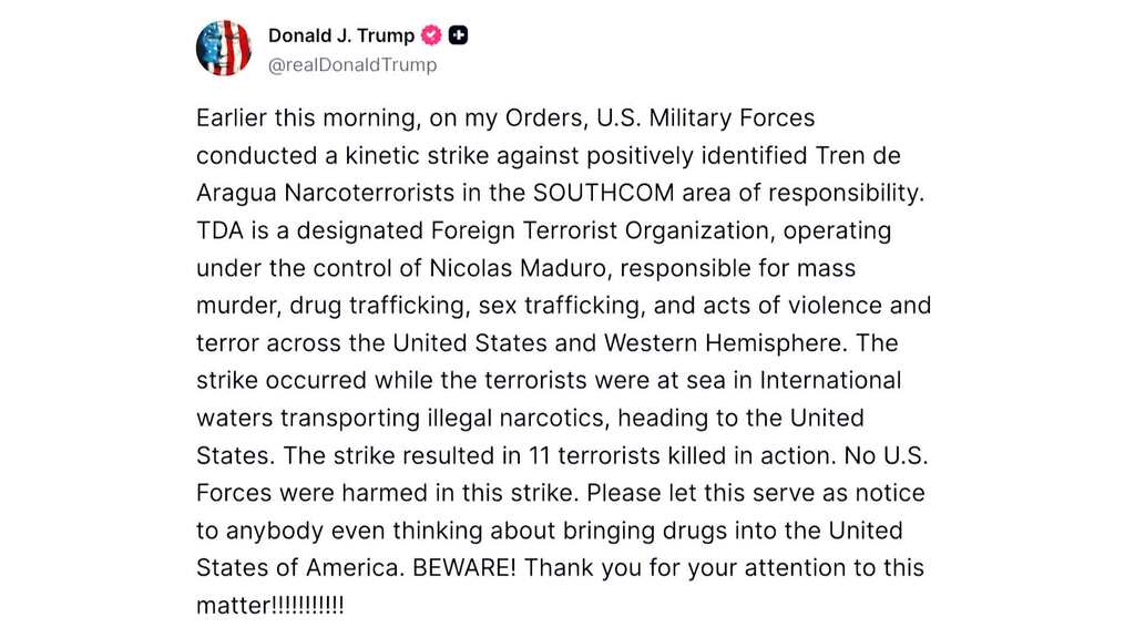 Trump: USA greifen Drogenschmuggler vor Küste Venezuelas an