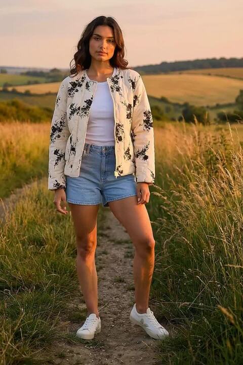 Cream Floral Flock Quilted Jacket | Roman UK