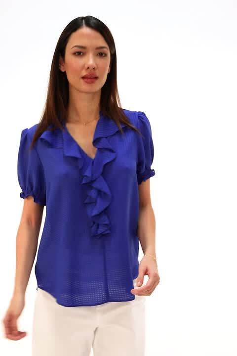 トップス border waffle undulate frill tops Royal Blue Waffle Textured Frill Detail Top | Roman UK