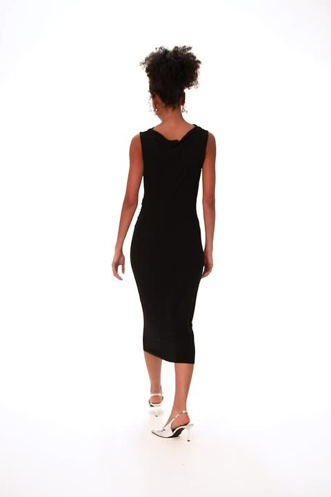 Black Ruched Cowl Neck Stretch Midi Dress | Dusk UK
