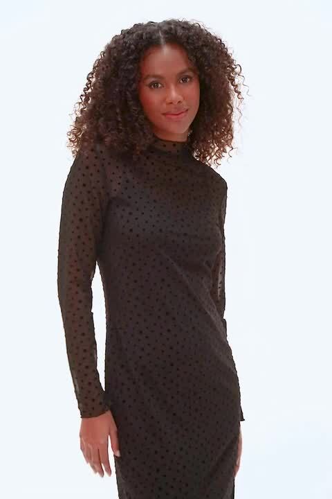 Black Polka Dot Print Mesh Midi Stretch Dress | Dusk UK