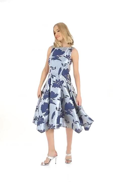 Floral Jacquard Fit and Flare Dress in Silver - Roman Originals UK