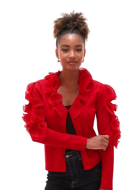 Red Ruffle Contrast Knit Cardigan | Roman UK