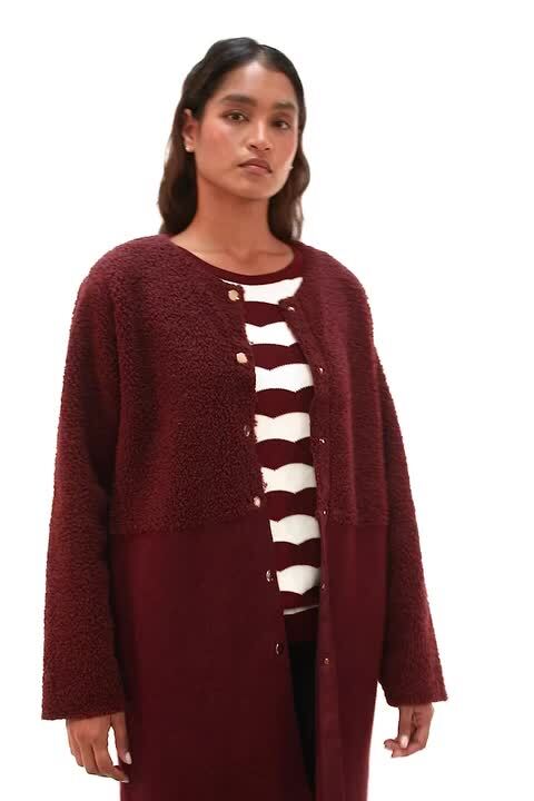 Wine Collarless Contrast Button Knit Jacket | Roman UK