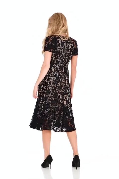 Flute Hem Lace Midi Dress in Black - Roman Originals UK