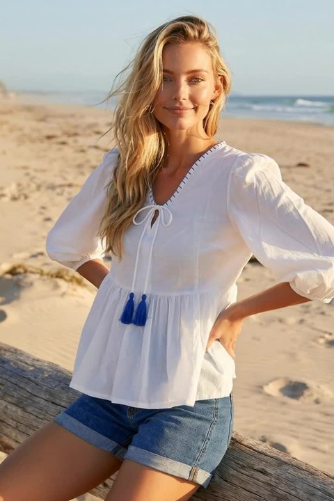 Ivory Dusk Tassel Tie Front Blouse | Roman UK