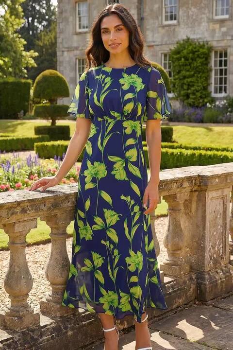 Navy Leaf Print Back Tie Midi Dress | Roman UK