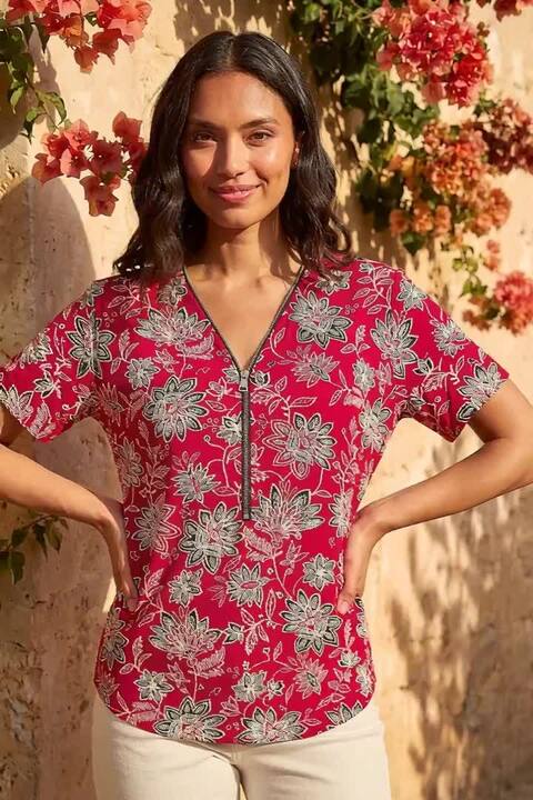 Red Floral Print Zip Detail Top | Roman UK