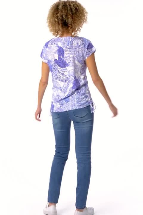 Burnout Tropical Print Ruched T-Shirt in Blue - Roman Originals UK