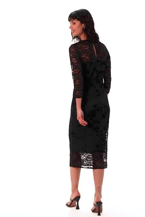 Sweetheart Lace Neck Midi Dress in Black - Roman Originals UK