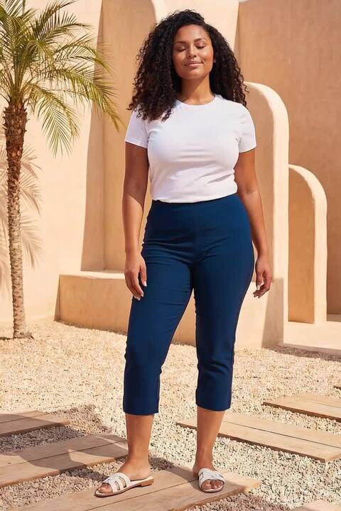 Curve Cropped Stretch Trouser in Midnight Blue - Roman Originals UK