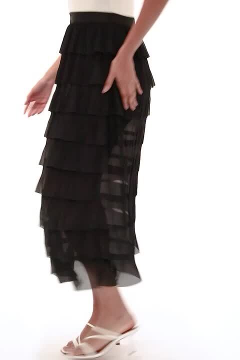 Black Pleat Detail Layered Frill Midi Skirt | Roman UK