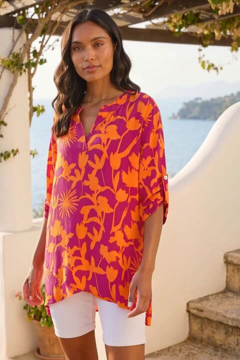 Fuchsia Floral Wrap Hem Tunic Top | Roman UK