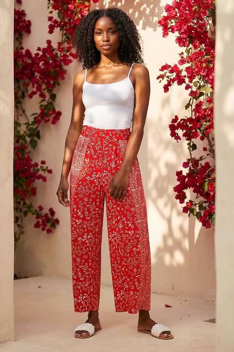 パンツ M sheller check jacquard wrap culottes Red Floral Border Panel Culotte Trousers | Roman UK