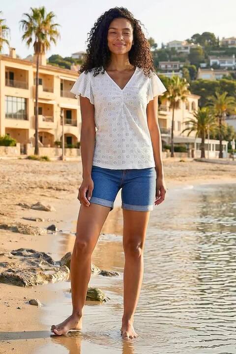 Ivory Broderie Ruched Front Stretch Top | Roman UK