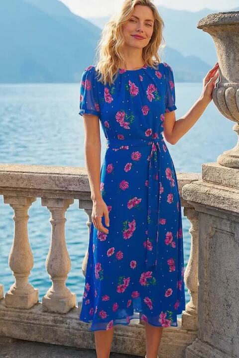 Blue Floral Pleated Chiffon Dress | Roman UK