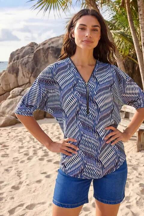 Blue Printed Zip Front Top | Roman UK
