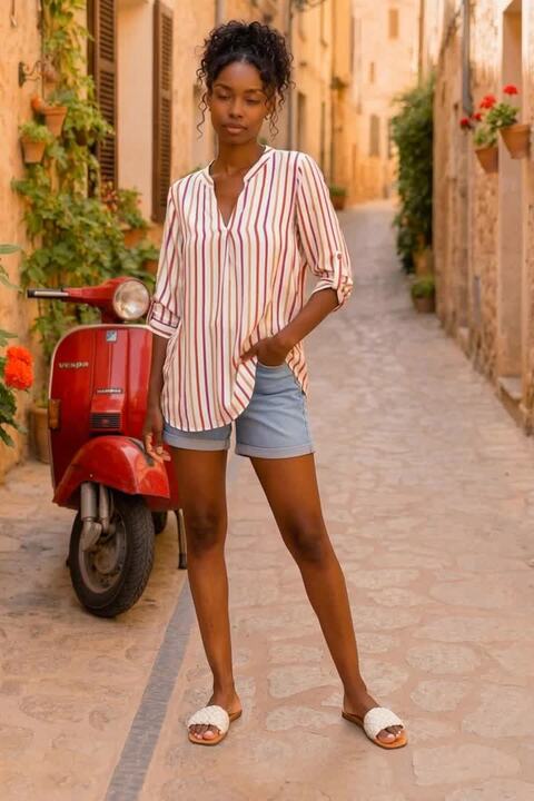 Pink Vertical Stripe Pleat Detail Top | Roman UK