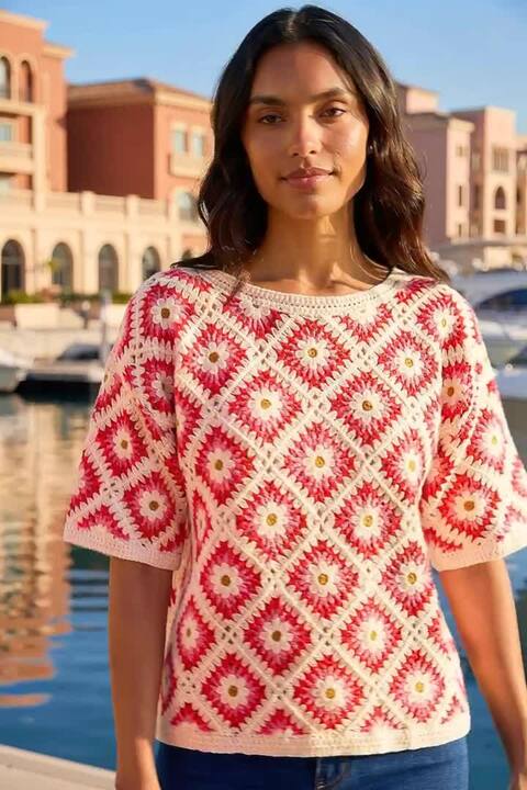 Pink Floral Crochet Knit Top | Roman UK