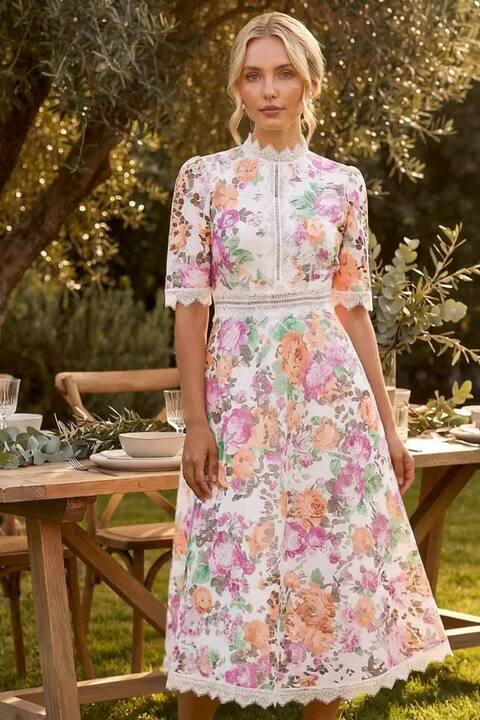 White Floral Lace Midi Dress | Roman UK