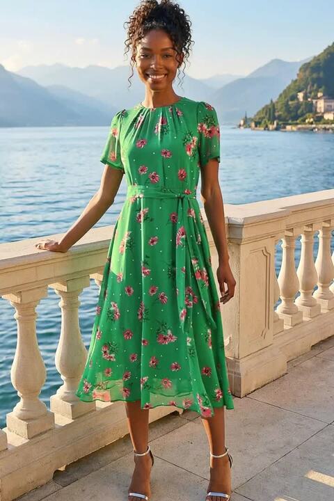 Green Floral Chiffon Pleated Dress | Roman UK