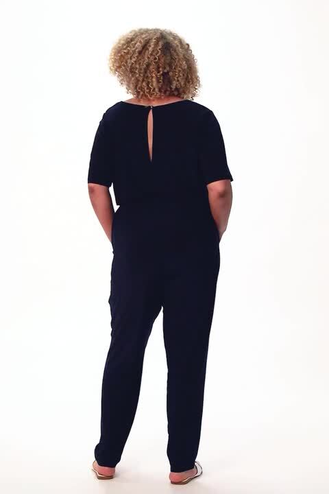 Curve Tie Waist Jersey Jumpsuit in Navy - Roman Originals UK