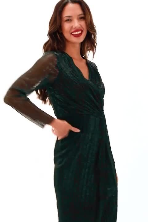 Metallic Shimmer Midi Wrap Dress in Dark Green - Roman Originals UK