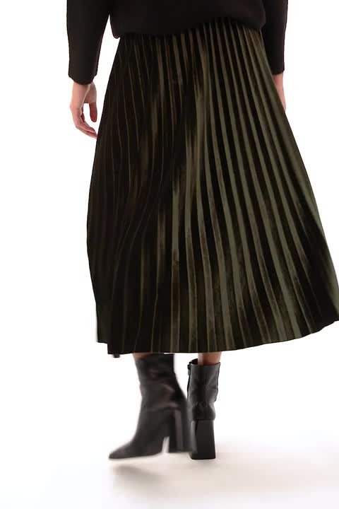 DRESSTELLS Women's Pleated Midi Skirt - High Waisted Chiffon Flare Skirt In Velvet Dark Green
