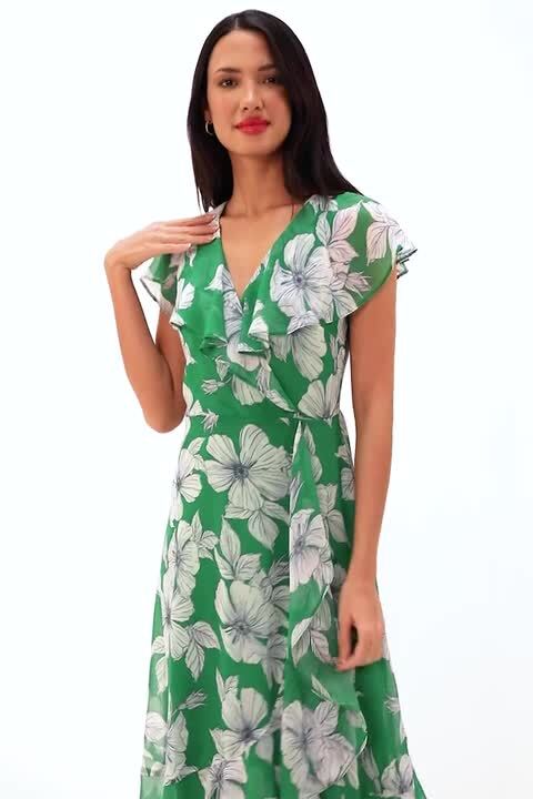 Alis Scuba Long Dress Green Leaves