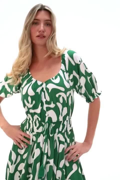 Green Shirred Waist Abstract Print Maxi Dress | Roman UK