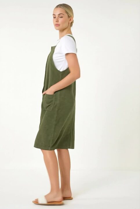 Khaki Corduroy Pinafore Midi Dress | Roman UK