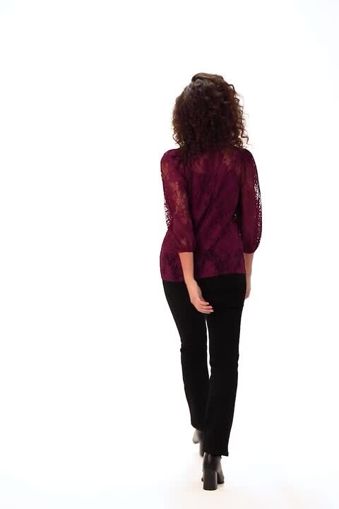 Petite Puff Sleeve Lace Top in Wine