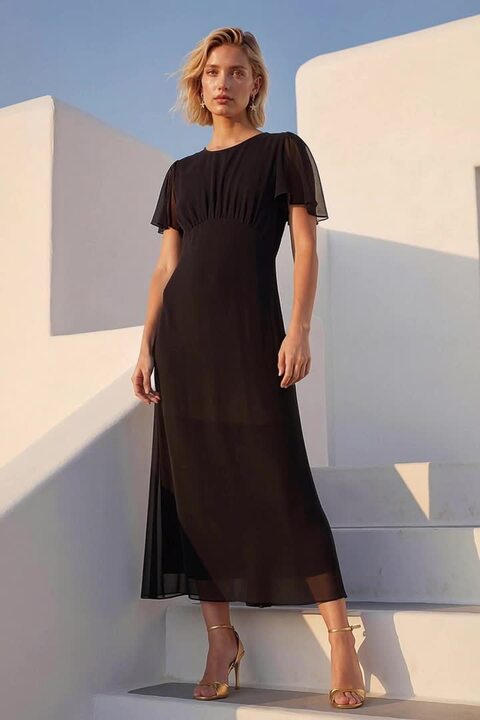 Black Flutter Sleeve Midi Dress | Roman UK