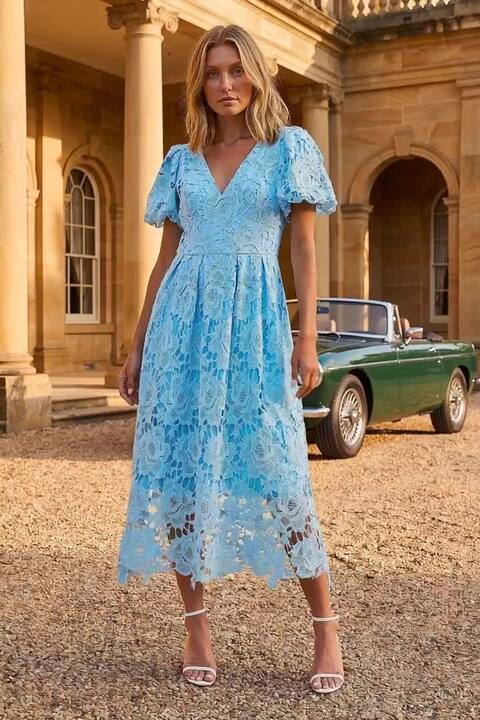 Blue Premium Crochet Lace Midi Dress | Roman UK