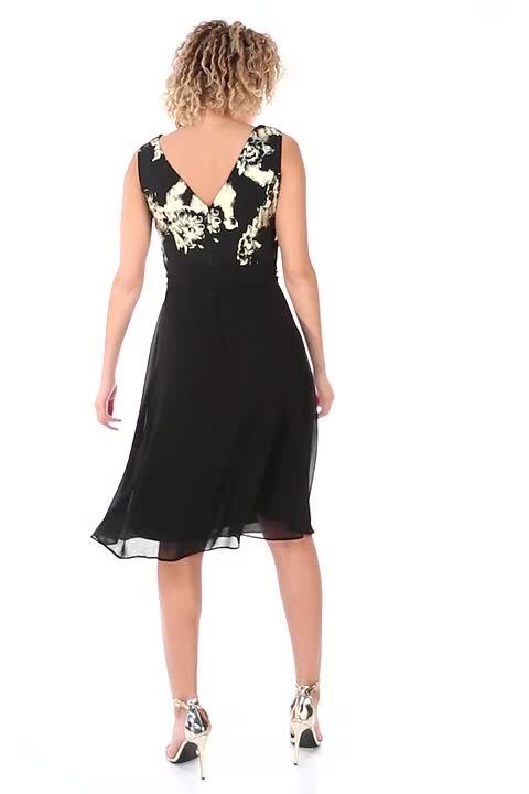 Contrast Floral Fit & Flare Dress in Black - Roman Originals UK