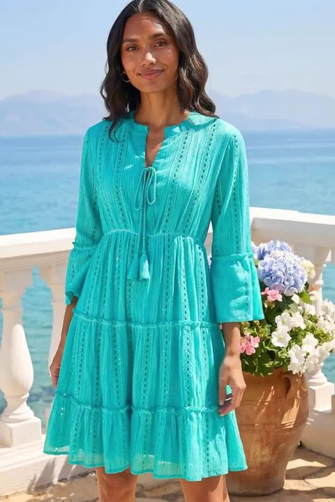 Turquoise Sequin Shimmer Tie Detail Smock Dress | Roman UK