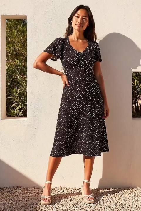 Black Petite Polka Dot Drawstring Midi Dress | Roman UK Black Petite Polka Dot Drawstring Midi Dress | Roman UK