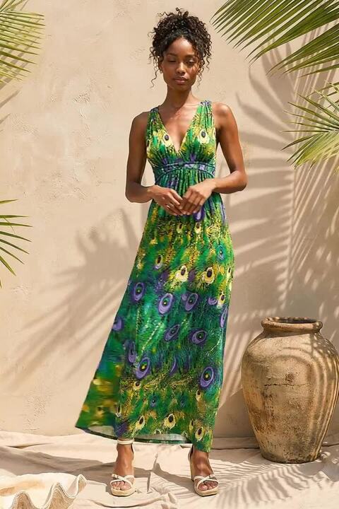 Green Peacock Printed Stretch Maxi Dress | Roman UK