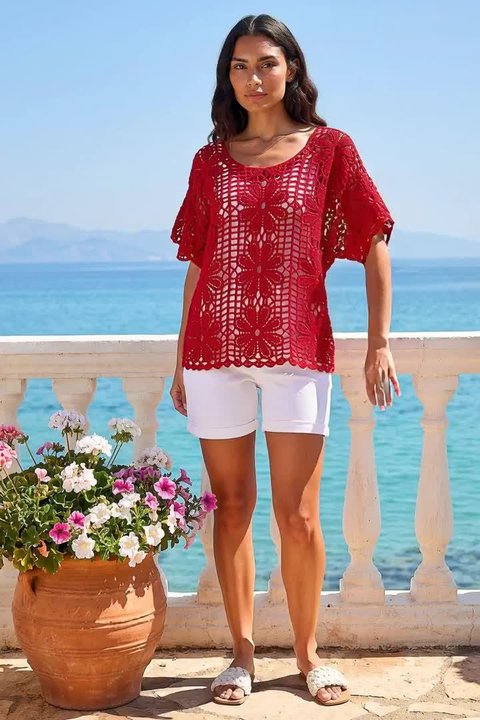 Red Floral Crochet Knit Top | Roman UK