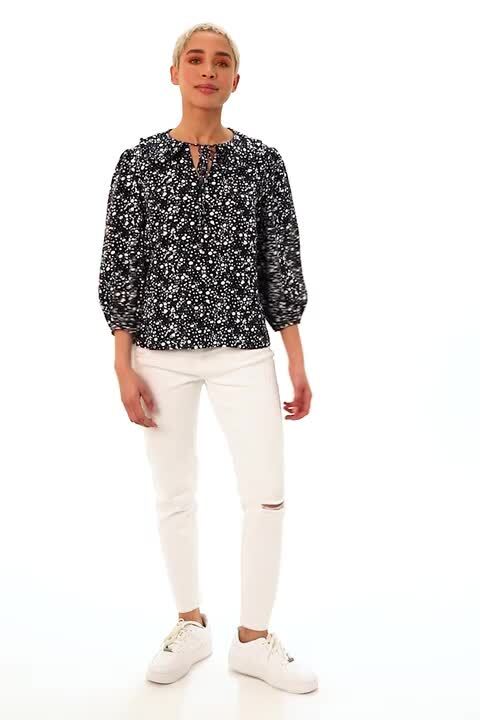 Navy Spot Print Tie Neck Blouse | Dusk UK