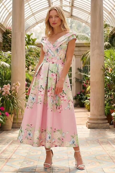 Pink Floral Print Bardot Midi Stretch Dress | Roman UK