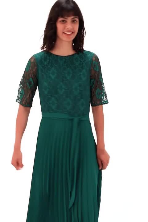 Lace Pleated Midi Dress in Green - Roman Originals UK