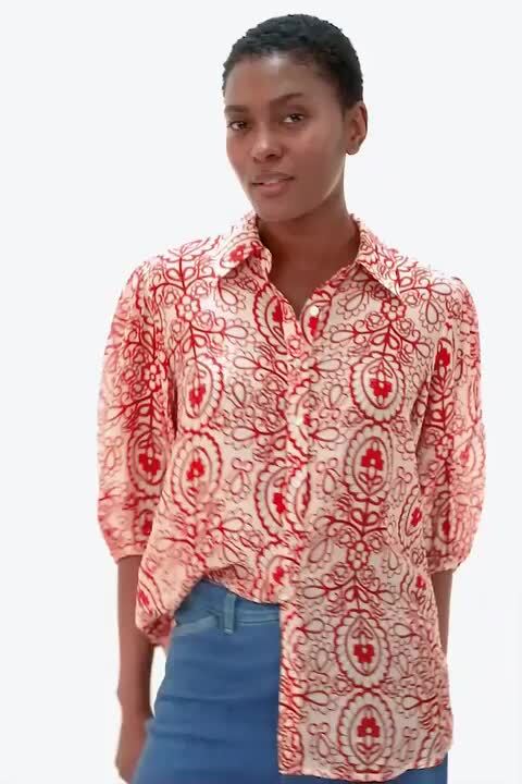 Red Floral Paisley Balloon Sleeve Shirt | Roman UK