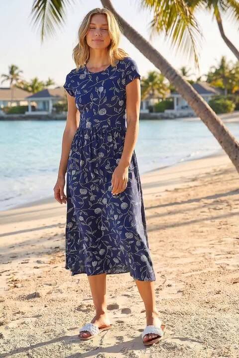 Navy Floral Print Midi Stretch Dress | Roman UK