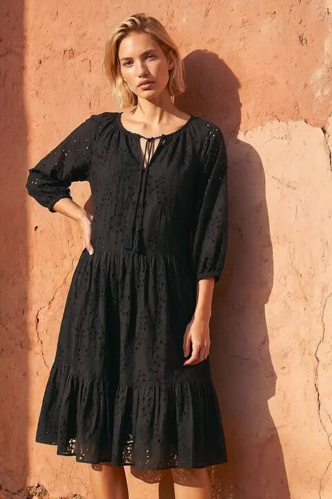 Black Cotton Broderie Tiered Smock Dress | Roman UK