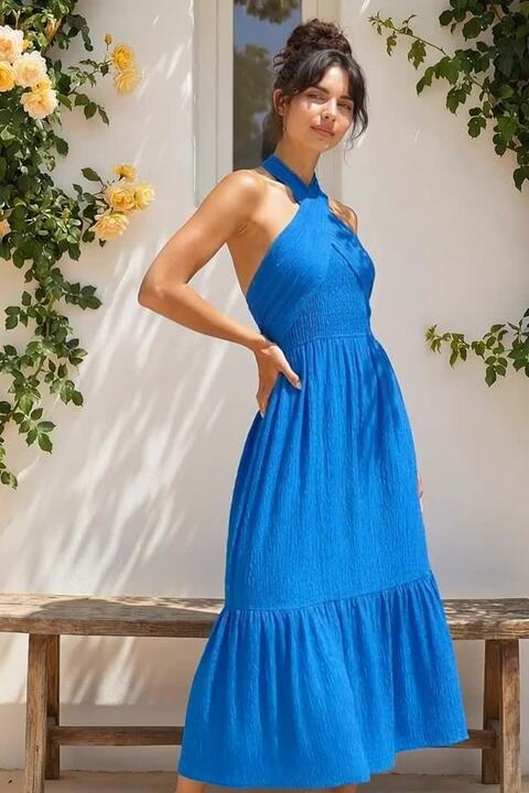 Royal Blue Dusk Shirred Halter Neck Midi Dress | Dusk UK