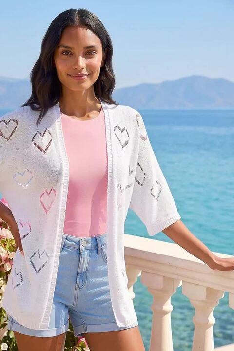 トップス andwang 2way heart frill rib knit ivory Ivory Pointelle Heart Knit Cardigan | Roman UK