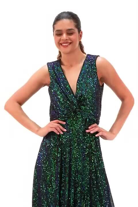 Green Sequin Wrap Twist Front Midi Dress | Roman UK Green Sequin Wrap Twist Front Midi Dress | Roman UK