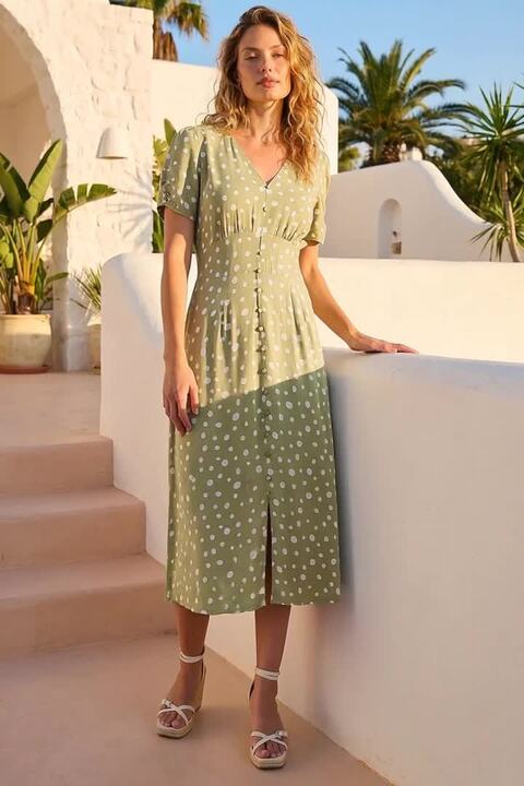 sage green polka dot draped underwire detail midi dress Beaded Midi Dress With Sheer Ruffled Sleeves In Frosted Sage main image 0