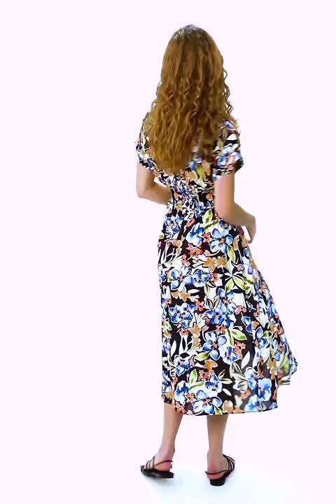 f&f blue floral shirred midi dress